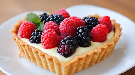 A heart-shaped tart topped with fresh raspberries and blackberries, resting on a white plate, showcasing creamy filling and a crisp crust.