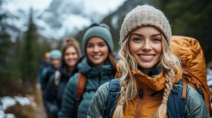 Friends smile hiking in snowy mountains, enjoying nature's beauty