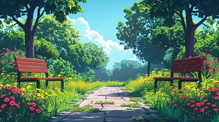 Obraz premium flat design, illustration, A Walk in the Park Discovering joy in nature and simplicity. Illustration: Park benches, walking trails