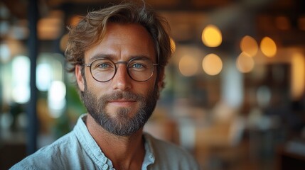 Obraz premium Close-up portrait of a light-skinned man with a beard and round glasses, blurred background