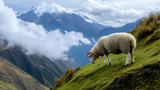 Sheep Grazing on Mountainside with Cloudy Sky - Powered by Adobe