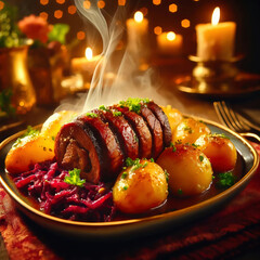 Delicious Steaming Beef Roulade with Potatoes and Red Cabbage in a Cozy Ambience