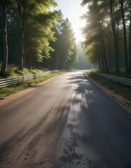 Obraz premium Serene atmosphere of a race track winding through a peaceful wooded area, woods, track, green