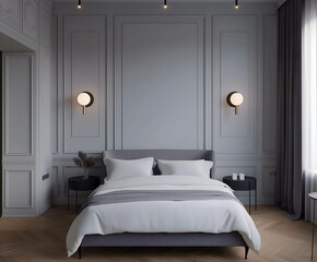 Aesthetic elegant minimalist modern interior design. Clear mock up empty wall for decoration in the apartment. Copy space in the room.