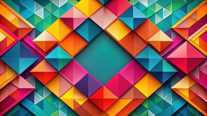 Obraz premium A vibrant geometric pattern with overlapping squares and triangles in a rainbow of colors, creating a visually captivating and dynamic abstract design.