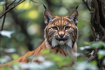 Fototapeta premium Eurasian lynx poised in the forest, showcasing its striking features and keen hunting instincts during a tranquil afternoon