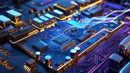 Fototapeta premium A highly detailed and vibrant abstract representation of a futuristic circuit board, set against a dark, gradient background that transitions from deep blues to rich purples, with golden accents that 