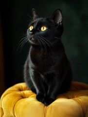 Adorable black kitten on a luxurious yellow cushion, creating a striking contrast