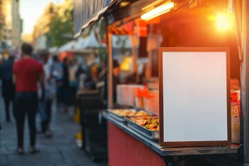 Obraz premium Blank menu board outside a vibrant street food cart, busy urban market scene.