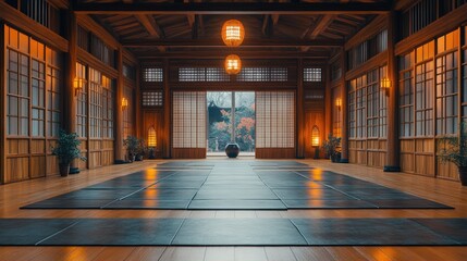 Tranquil traditional Japanese dojo interior with wooden structure and tatami mats