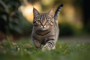 Fototapeta premium Playful cat with short legs exploring a lush green garden on a sunny afternoon with curiosity and joy