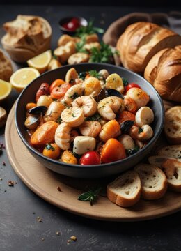 Plate with busara di scampi e frutti di mare and bread, crustaceans, italy