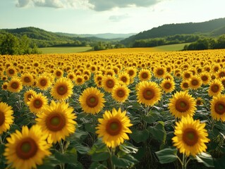 Obraz premium A vast field of sunflowers in full bloom under a bright sky and rolling hills background