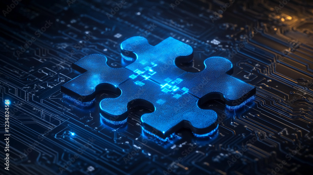 Poster A glowing blue puzzle piece on a digital circuit board, symbolizing connection, technology, and integration, representing the concept of solving complex problems with tech solutions.