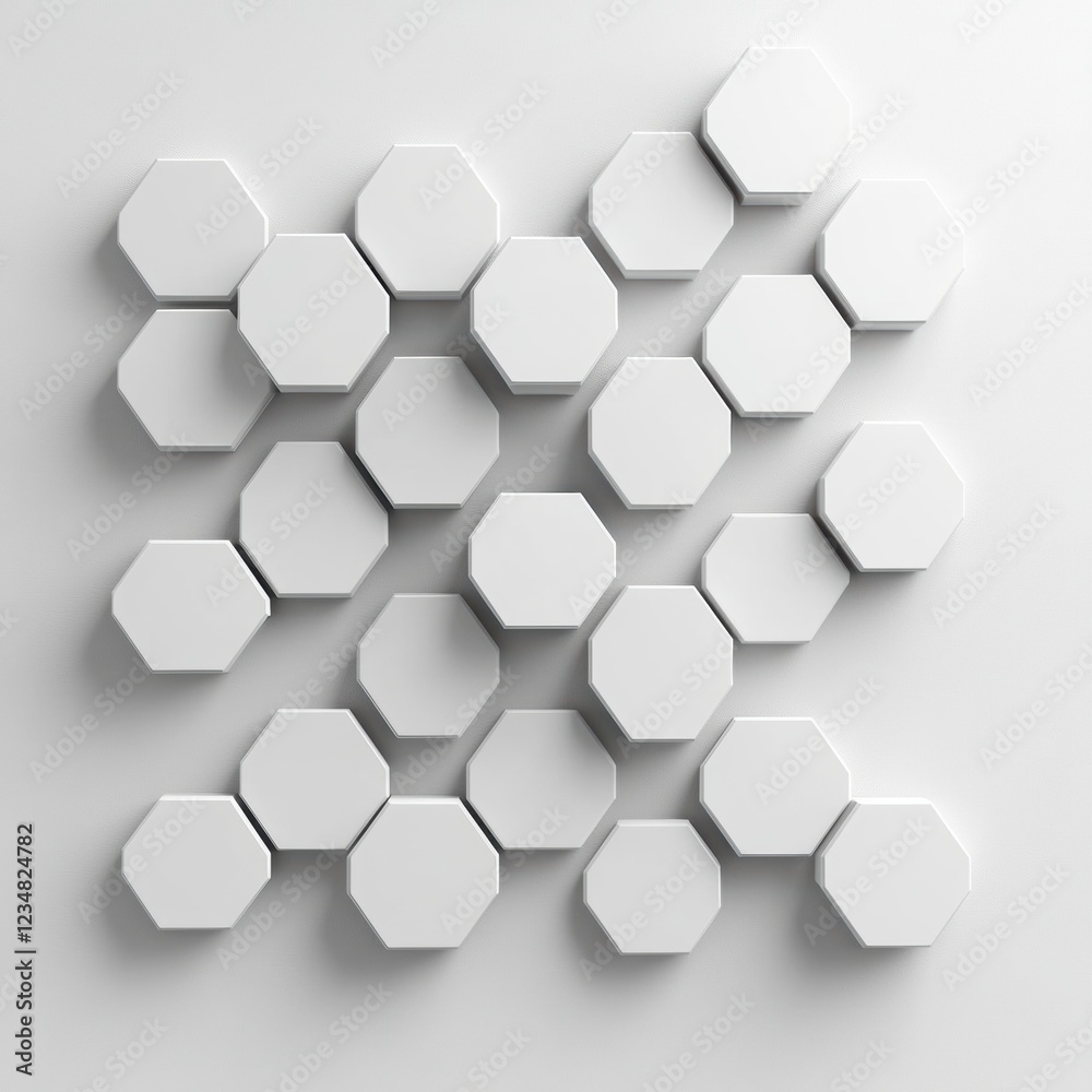Poster Arrangement of white hexagonal tiles creating a geometric pattern on a light background in a modern design. Generative AI