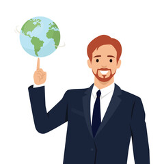 Businessman with a Global Vision in a suit smiling while spinning a globe on his finger. Flat vector illustration isolated on white background