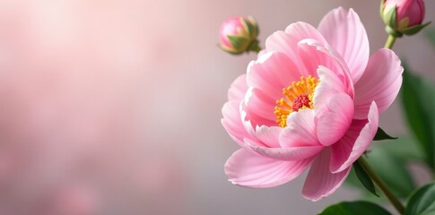 Obraz premium Soft pink peony background with subtle greenery, pastel colors, botanical