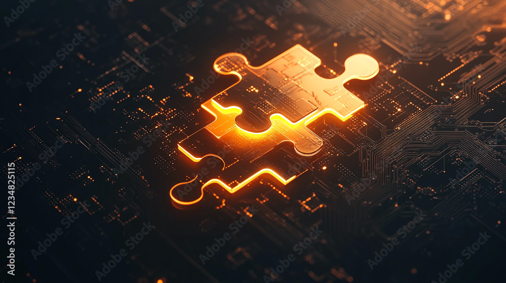 Poster A glowing orange puzzle piece on a digital circuit board, symbolizing the connection of technology and problem-solving, representing digital solutions and integration.