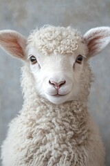 Obraz premium Close-up portrait of cute fluffy white sheep on gray background.