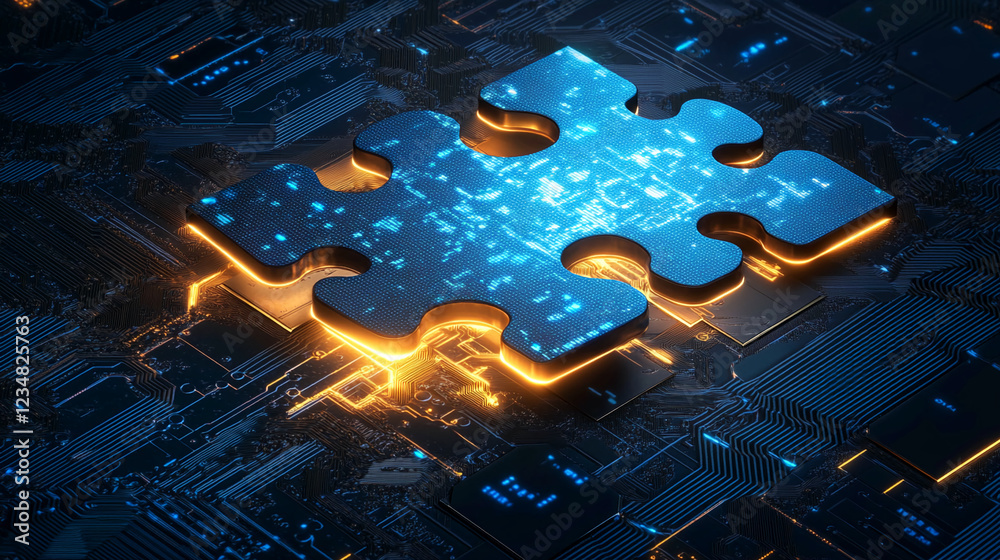 Poster A glowing puzzle piece with a blue and orange glow embedded in a digital circuit board, representing the fusion of technology and problem-solving solutions.