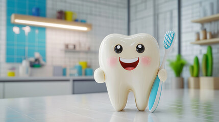 Cute cartoon tooth character holding a toothbrush in a bright, modern dental clinic setting with playful decor. National Dentist Day. Greeting for the dentist. With copy space