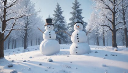 Obraz premium Snowman building on a snowy hill amidst frosty trees and snowflakes, frost, , snowman, frozen landscape, winter