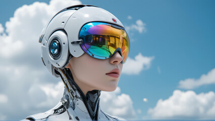 Futuristic robot character with sleek design and reflective sunglasses, set against a blue sky with fluffy clouds, representing advanced technology and artificial intelligence.