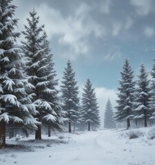 Fototapeta premium Snow-covered fir trees gazing out from against a soft blue winter landscape with a few flakes gently falling in the air , peaceful atmosphere, blue winter landscape, natural beauty