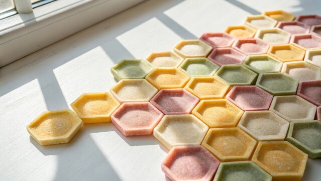 Colorful hexagonal biscuits arranged in a mosaic pattern on a white table near a sunlit window, showcasing the potential of food printing technology and creating an interesting visual composition