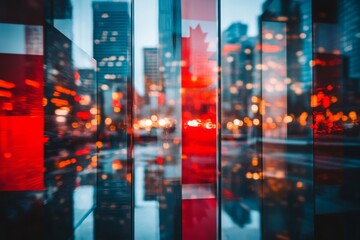 Abstract cityscape with blurred lights and canadian flag reflections