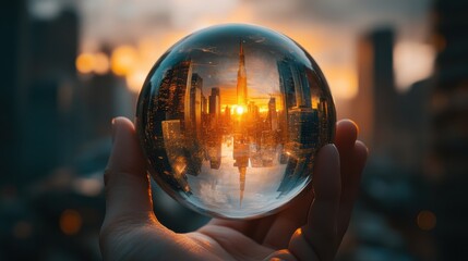 Close up of a hand holding a crystal ball with reflections and details in the glass sphere