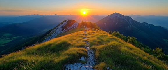 Majestic Sunset Over Verdant Mountain Peaks