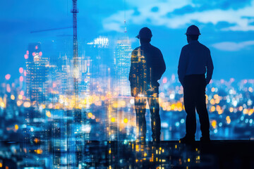 Fototapeta premium The double exposure image of the businessman thinking. construction, industry.