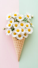 Fresh daisies in waffle cone create whimsical floral arrangement, perfect for spring decor or cheerful gift. pastel background enhances vibrant colors