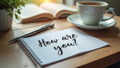 Cozy workspace with a notebook saying "How are you?" beside a cup of coffee,The concept of care, manifestation of interest
