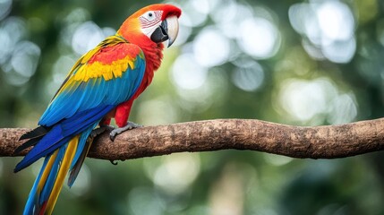Colorful parrot perched on a branch in natural habitat surrounded by greenery and foliage