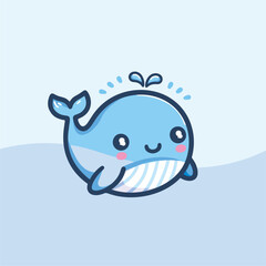 Super Cute Chabi Whale Happy expression. kawaii style vector illustration. Kids tee print design. Pet Animal Icon in flat cartoon style