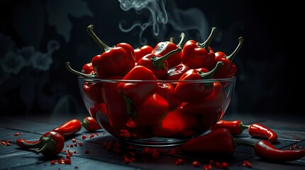 Spicy Red Peppers in Glass Bowl Steaming Hot Food Photography