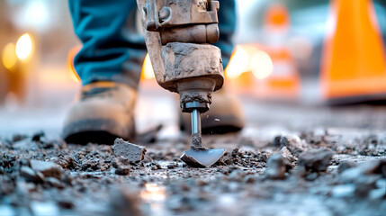 Close-up view of worker's feet and a jackhammer breaking asphalt during road construction or repair work