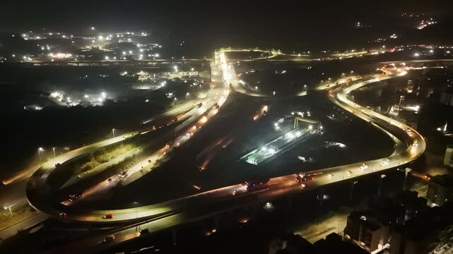 Aerial View of Highway Interchange At Night
