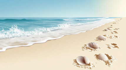 vector illustration of a beach with calm waters, seashells, and footprints in the sand, isolated on a transparent background,