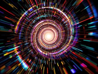 Abstract vibrant swirling vortex or tunnel, grainy effect with colourful lines and light trails against a dark background