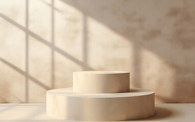 Luxury beige tiered podium with sunlight and soft shadows for elegant product display, branding, and minimalist interior aesthetic