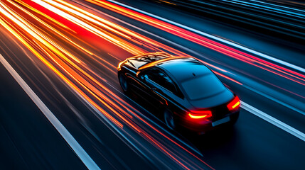 Naklejka premium Black car speeding down a highway at night with streaks of vibrant colored lights in the background representing fast pace of life, transportation and speed concept. 