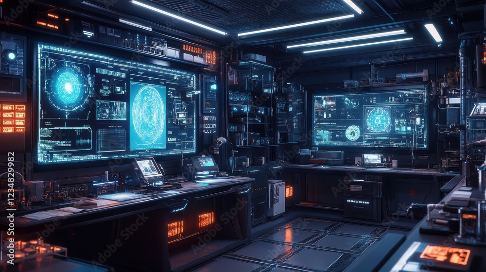 Poster high-tech laboratory filled with multiple computers and holographic screens in a modern setting