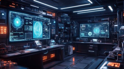 Fototapeta premium High-tech laboratory filled with multiple computers and holographic screens in a modern setting