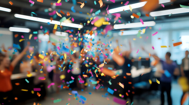 Confetti celebration, joyful crowd at office party