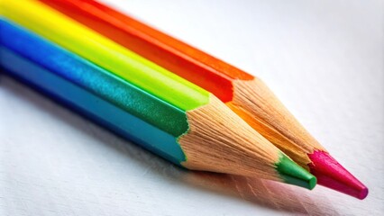 Fototapeta premium A close-up view of the tips of three sharpened colored pencils arranged in a rainbow pattern, showcasing their vibrant colors and intricate details.