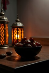Dates in Bowl with Lit Lanterns Ramadan Islamic Festive Food