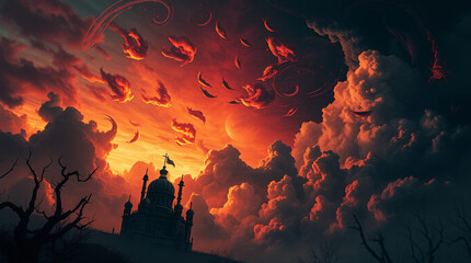 Fototapeta premium Epic Dark Fantasy Landscape with Silhouetted Castle Against Fiery Apocalyptic Sky, Swirling Embers, and Barren Trees, Dramatic Lighting and Cinematic Composition